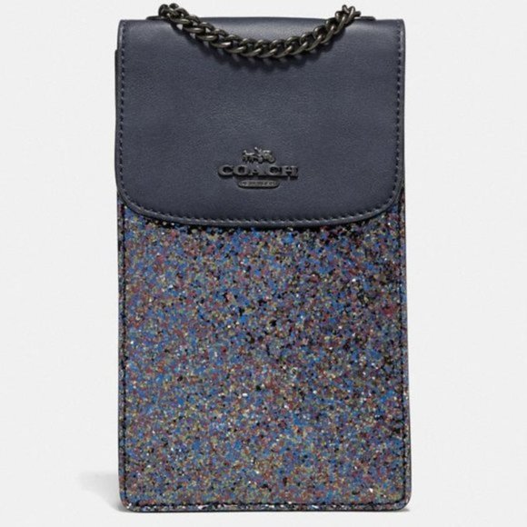 COACH Blue Glitter North South Phone Crossbody Bag